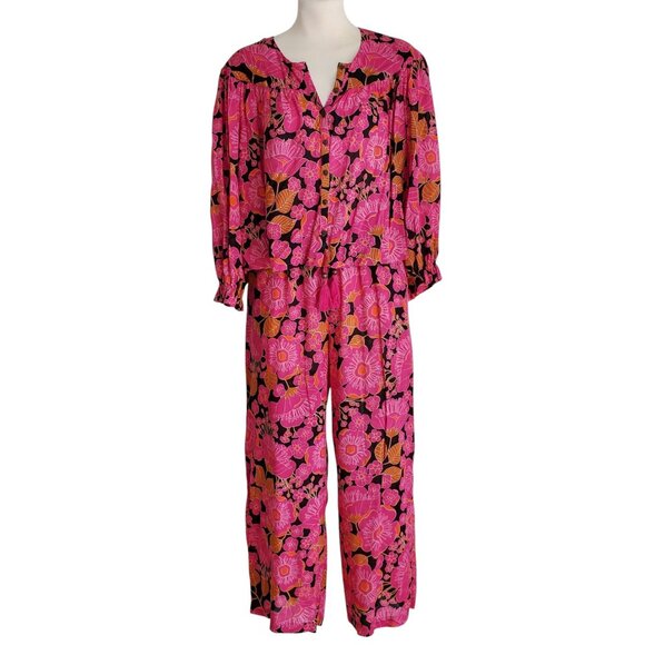 Rose & Olive Top and Pants Set Bright Magenta Floral Print Lightweight Size S - Picture 1 of 16